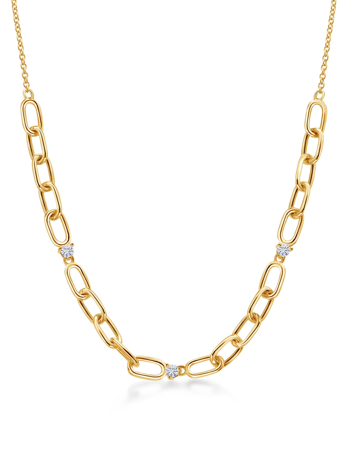 18K Yellow Gold Plated Silver Paperclip Chain Necklace Round Moissanite T6818