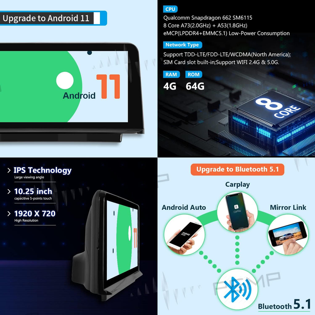Blue Anti-Glare Vertical Screen for BMW X5 X6 E70 E71 CCC Android 11 CarPlay, Snapdragon 662 8-core 4+64GB 10.25” HD Screen B558459