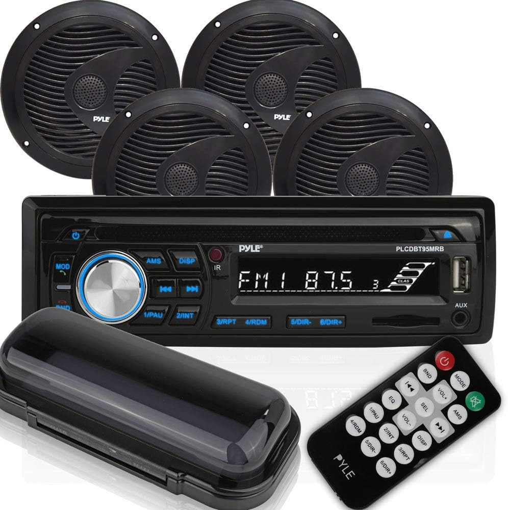 Black Waterproof Marine Audio Stereo Kit with Single DIN Radio Receiver, CD Player, AM/FM Radio L602622
