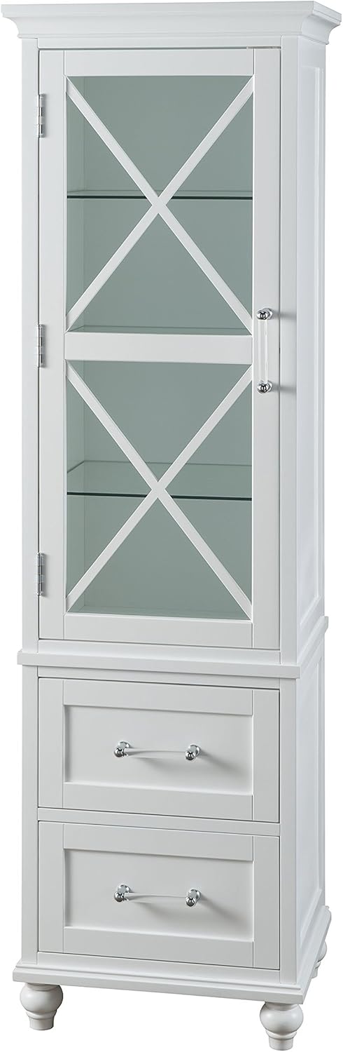 White Linen Tower Tall Narrow Storage Cabinet with 1 Door 3 Glass Tempered Shelves and 2 Drawers H82761