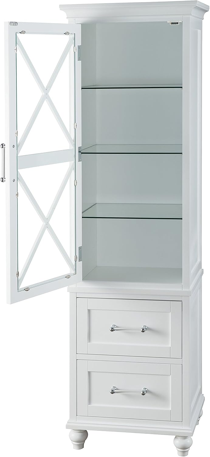 White Linen Tower Tall Narrow Storage Cabinet with 1 Door 3 Glass Tempered Shelves and 2 Drawers H82761