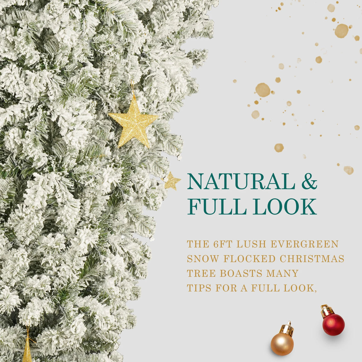 Pre-lit 6FT Hinged Snow Flocked Artificial Christmas Tree with 360 LED Lights and 8 Golden Stars S36271