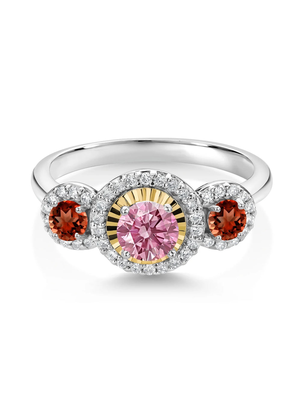 Pink Lab Grown Diamond Red Garnet 925 Silver 10K Yellow Gold 3 Stone Engagement Ring F96732