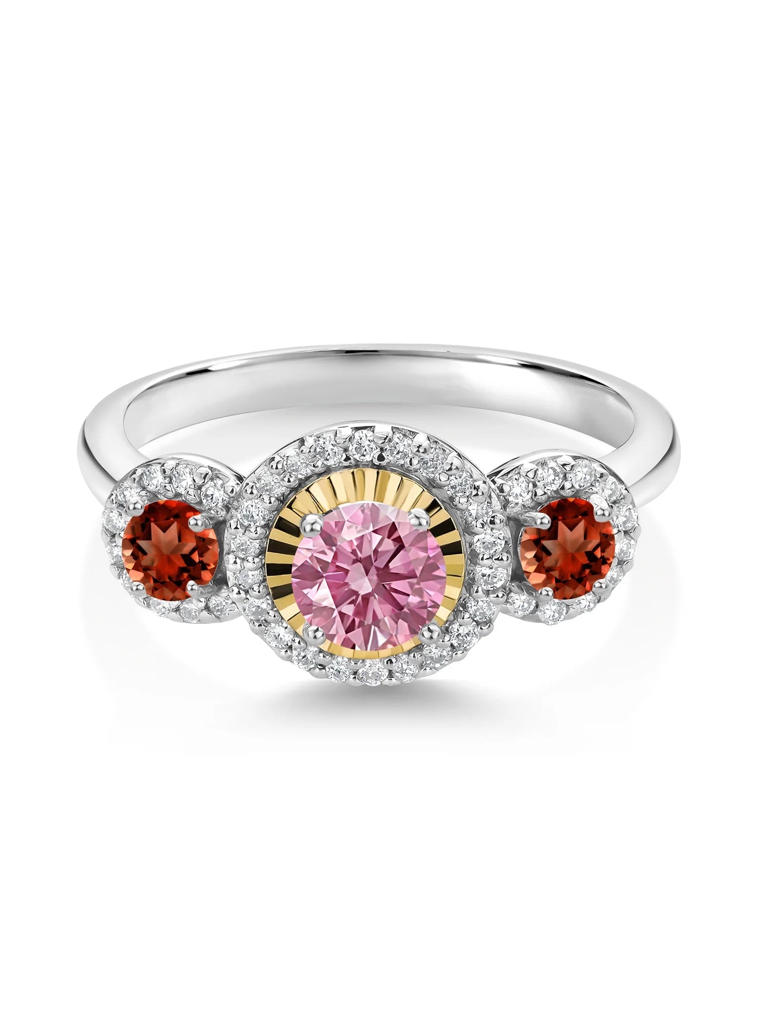 Pink Lab Grown Diamond Red Garnet 925 Silver 10K Yellow Gold 3 Stone Engagement Ring F96732