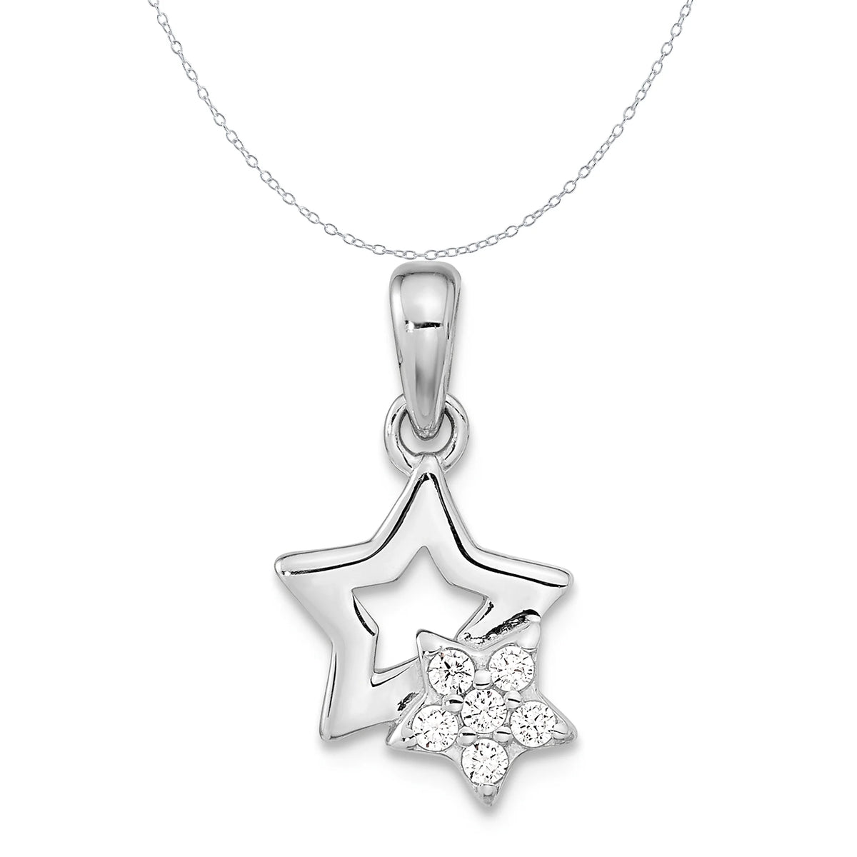 Sterling Silver Rhodium-Plated CZ Star Charm Pendant with Cable Chain Necklace 18'' V895