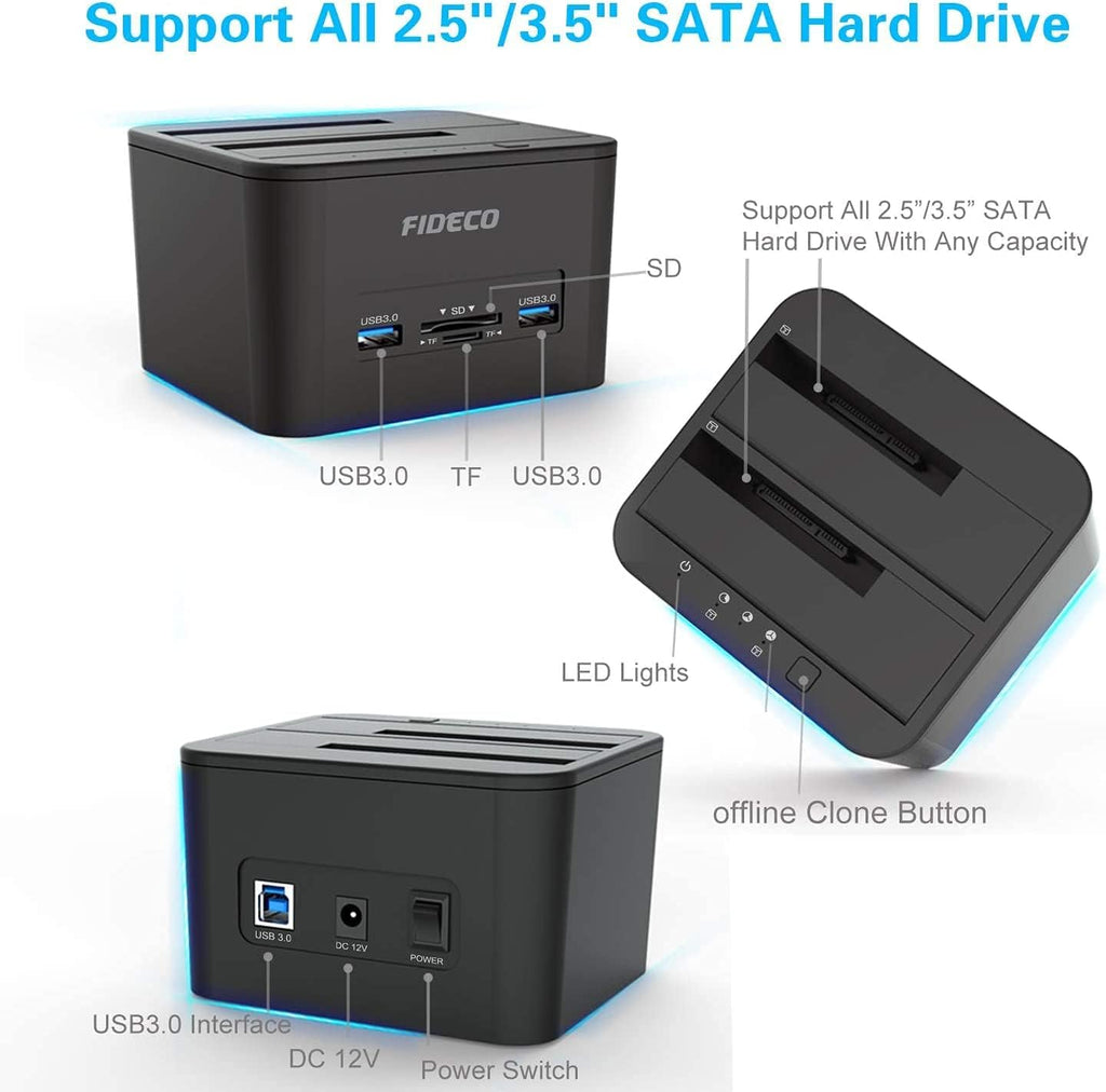 USB 3.0 Dual-Bay External Hard Drive Docking Station with Offline Clone Function and SD Card Slots for 2.5/3.5 Inch SATA HDD SSD J2556