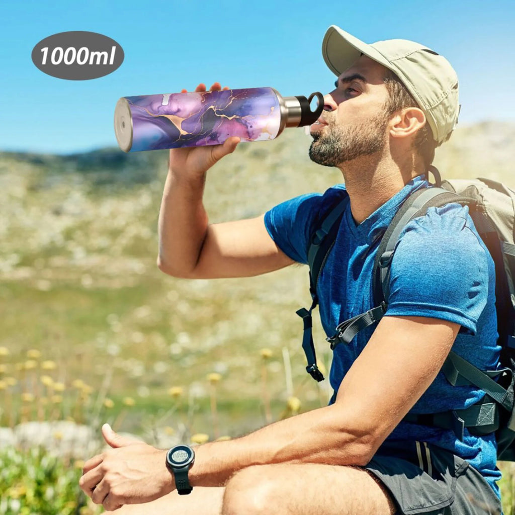 Purple and Blue Marble Stainless Steel Insulated Water Bottle with Straw Lid W88376