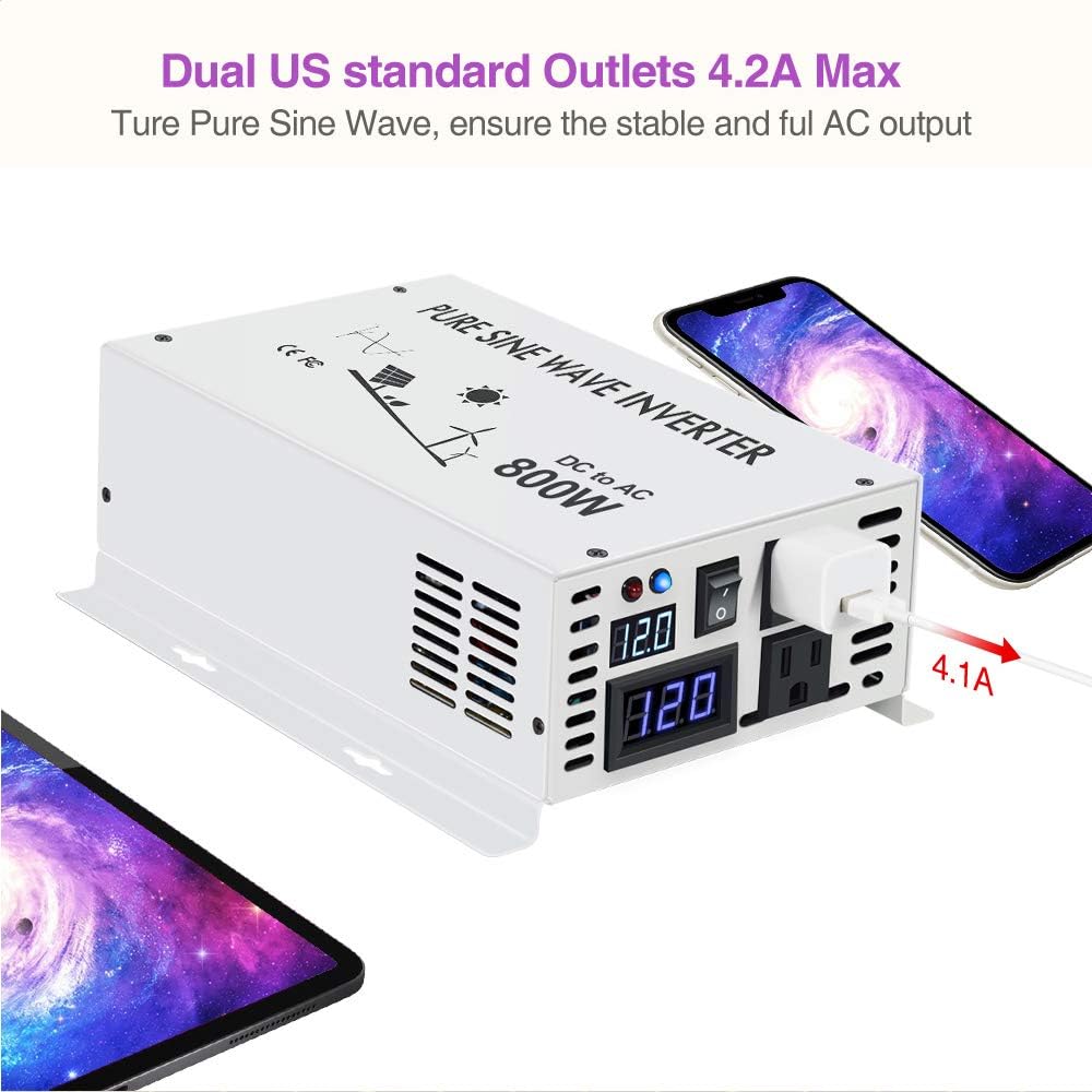 800w 12v 120v DC AC Power Inverter Converter Pure Sine Wave Q796968