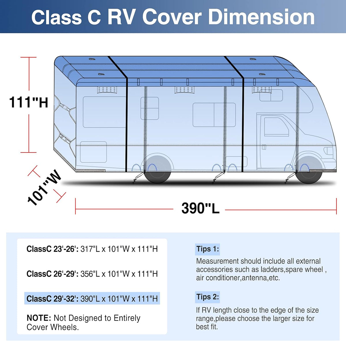 RV Cover for 26' - 29' RV Camper Motorhome with 4 Tire Covers C916465