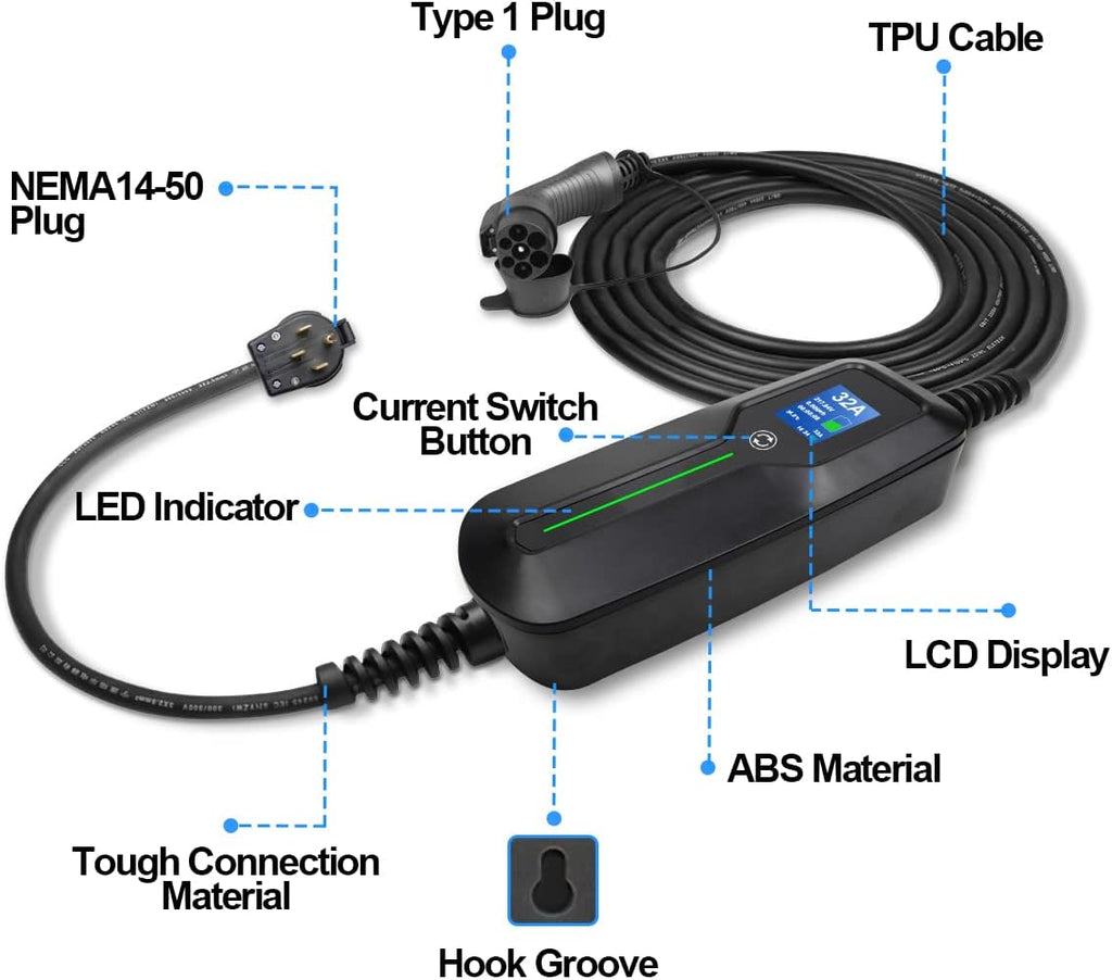 Level 2 EV Charger, 220V 32 Amp 7.68kW, Type 1 & NEMA 14-50 Plug, 25ft Cable H942