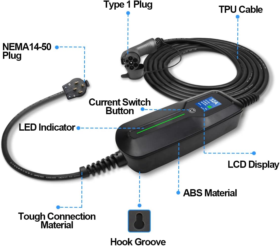 Level 2 EV Charger, 220V 32 Amp 7.68kW, Type 1 & NEMA 14-50 Plug, 25ft Cable H942
