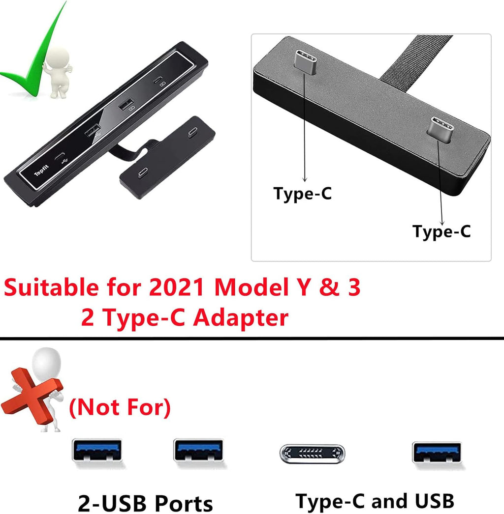 4 in 1 USB Hub Center Console Adapter for Tesla Model Y Model 3, Pack of 2 I136420
