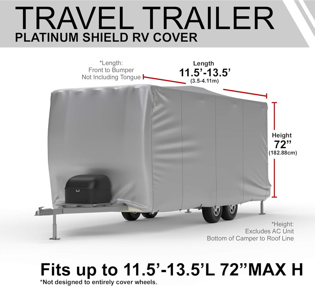 Weatherproof RV Cover for Travel Trailer 11.5' - 13.5' Long with Fleece Lining, Cable Lock, Storage Bag & Wind Straps R612642