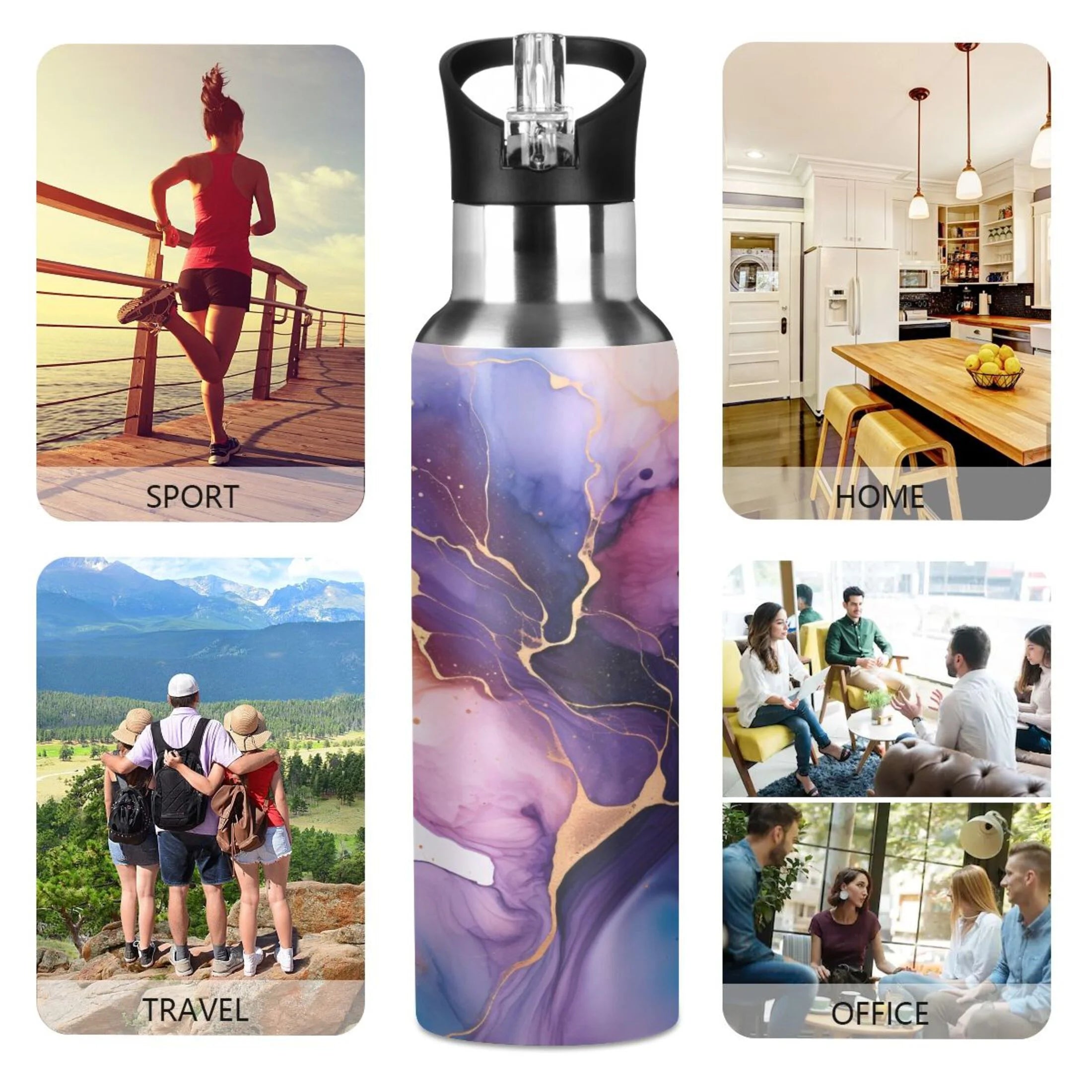 Purple and Blue Marble Stainless Steel Insulated Water Bottle with Straw Lid W88376