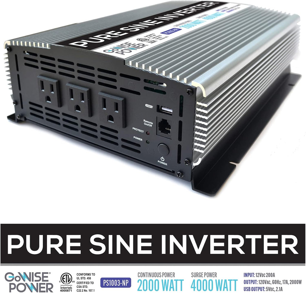 2000W Pure Sine Wave Power Inverter 12V DC to 120V AC with 3 AC Outlets and 1 5V USB Port W801458