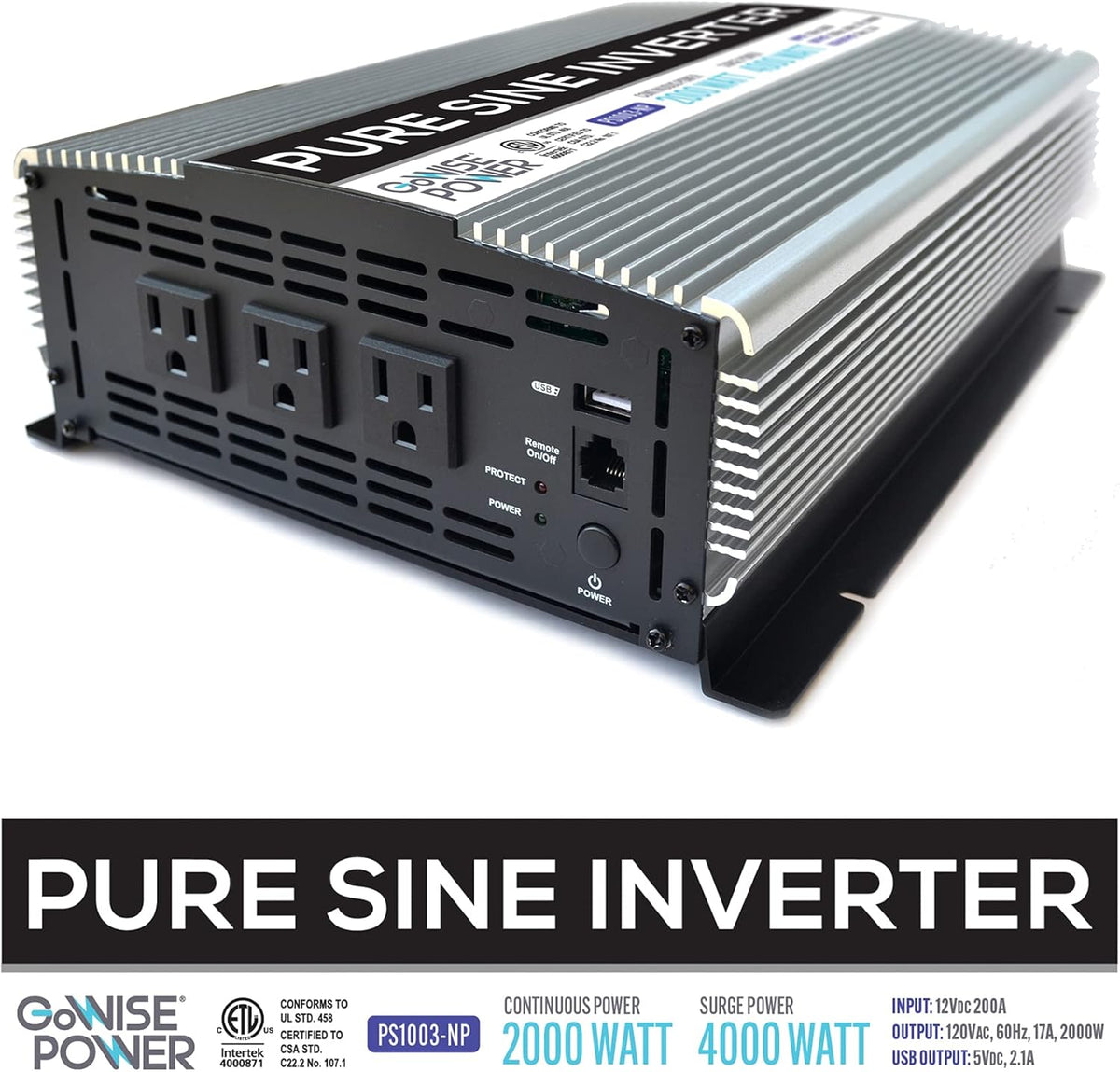 2000W Pure Sine Wave Power Inverter 12V DC to 120V AC with 3 AC Outlets and 1 5V USB Port W801458
