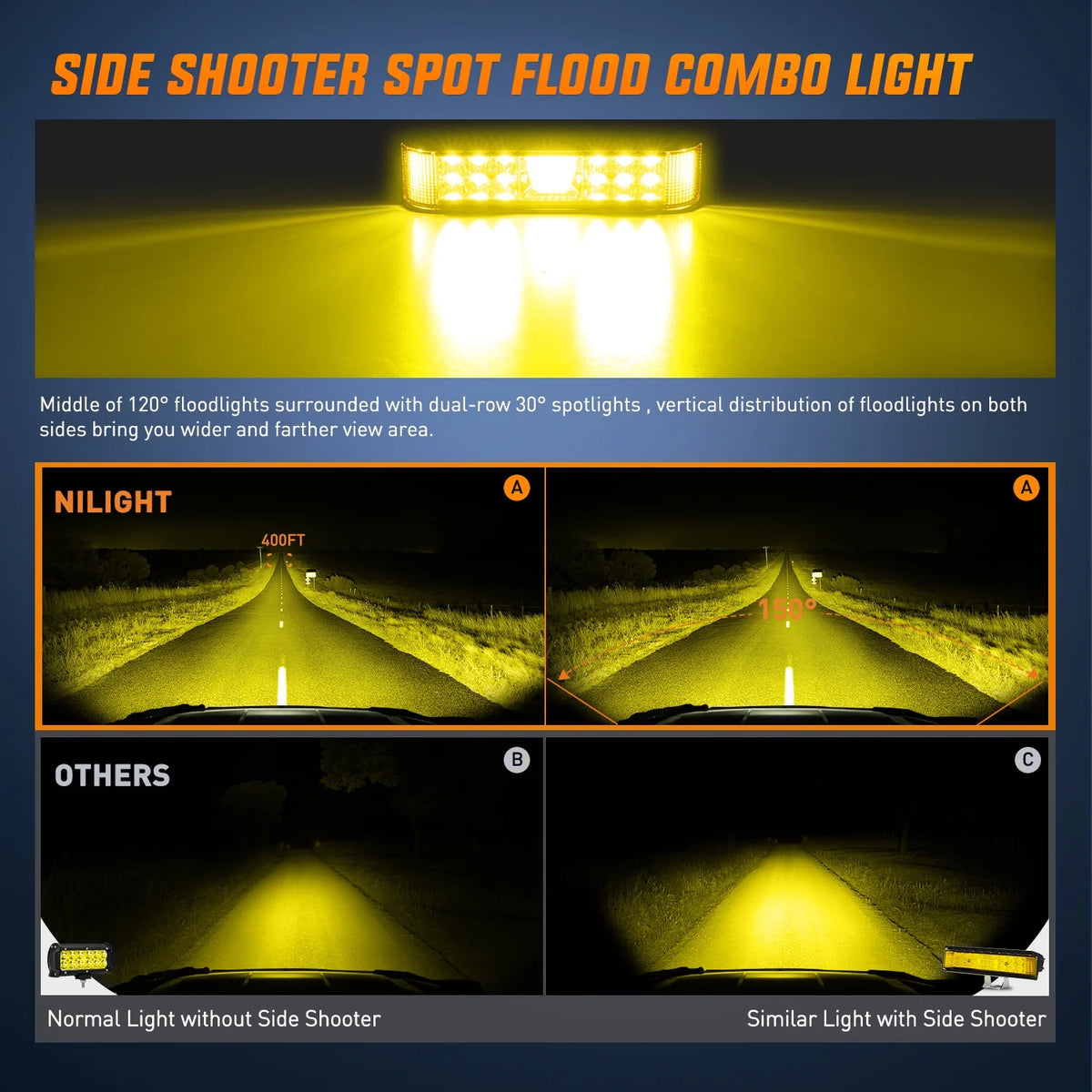 Amber LED Light Bar Pods 2PCS 6.5 Inch 60W Flood Spot Beam Combo Fog Driving Light Wiring Harness Kit A1524