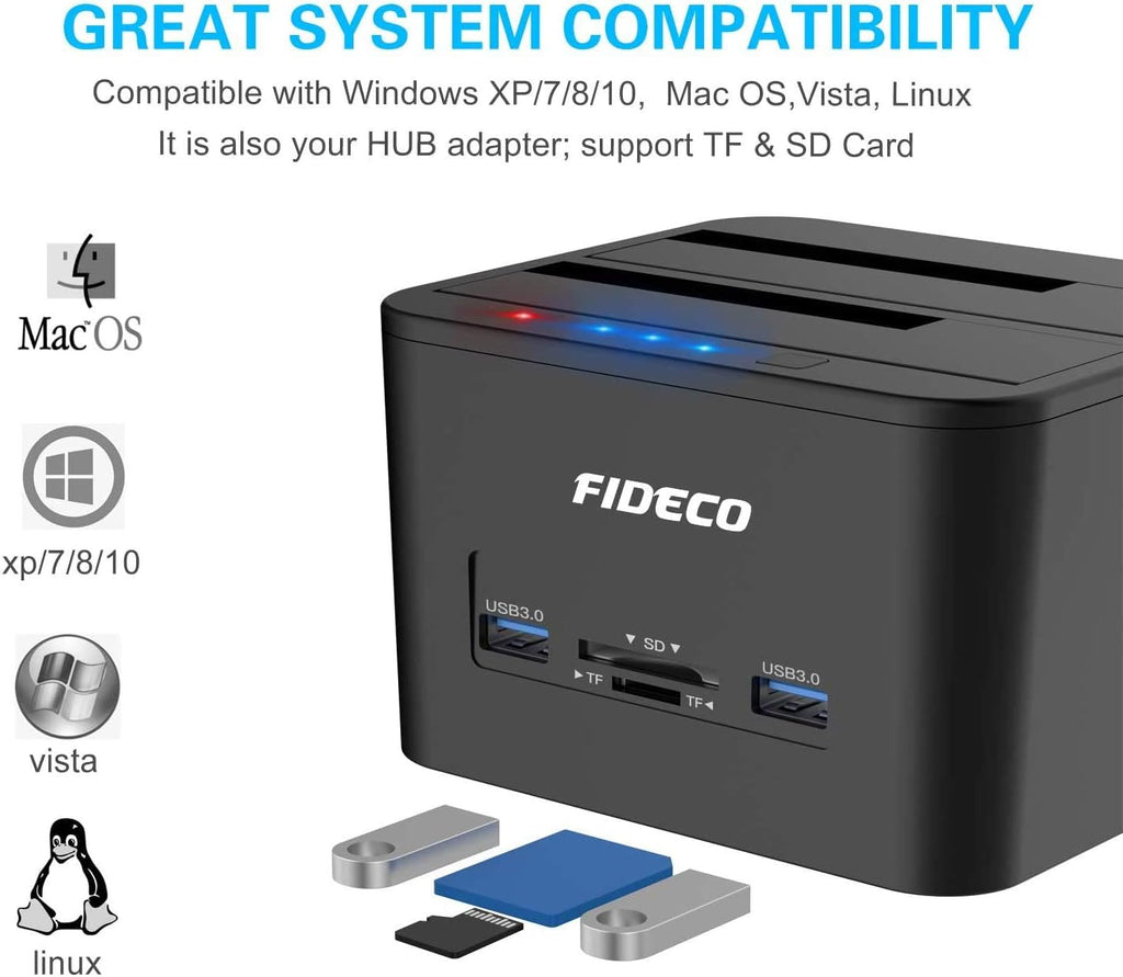 USB 3.0 Dual-Bay External Hard Drive Docking Station with Offline Clone Function and SD Card Slots for 2.5/3.5 Inch SATA HDD SSD J2556