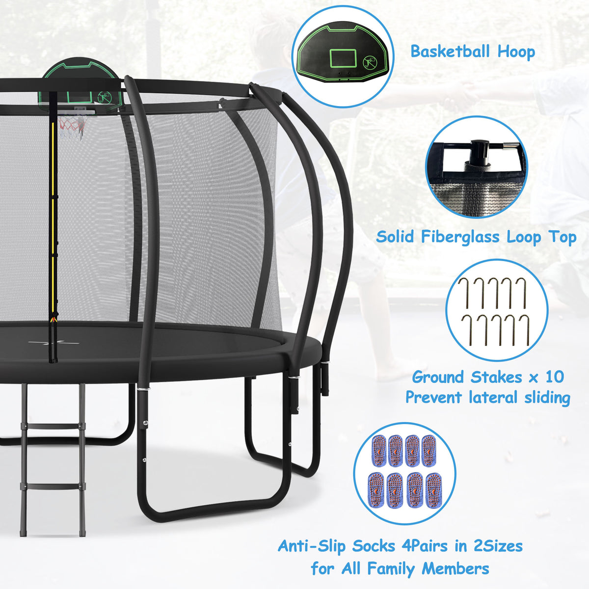 1200LBS 12FT Round Trampoline with Enclosure, Basketball Hoop, Ladder Q581636