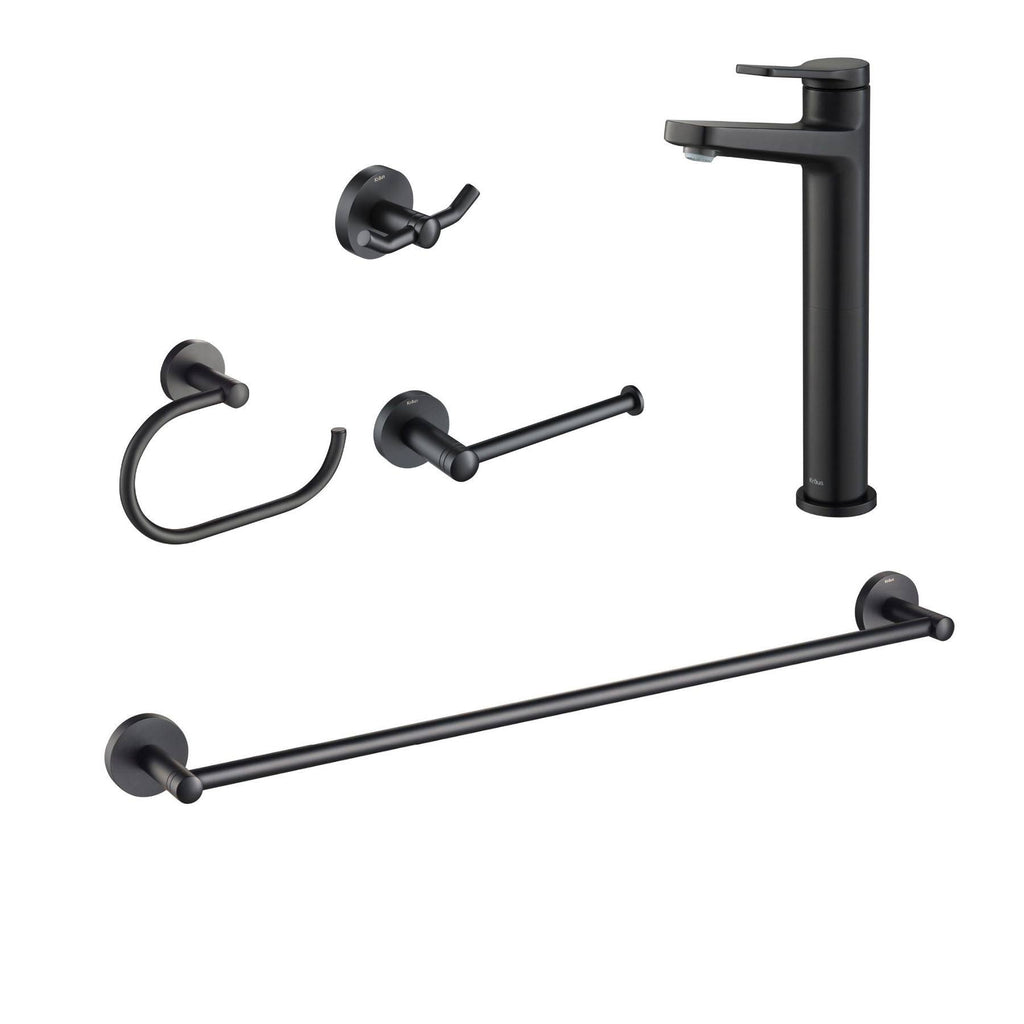 Matte Black Vessel Bathroom Faucet with Towel Bar, Paper Holder, Towel Ring and Robe Hook U346