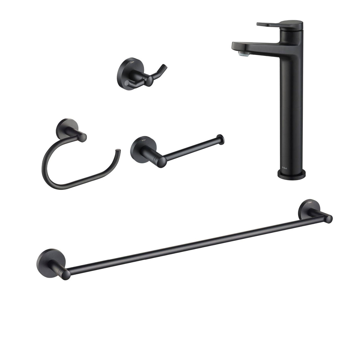 Matte Black Vessel Bathroom Faucet with Towel Bar, Paper Holder, Towel Ring and Robe Hook U346