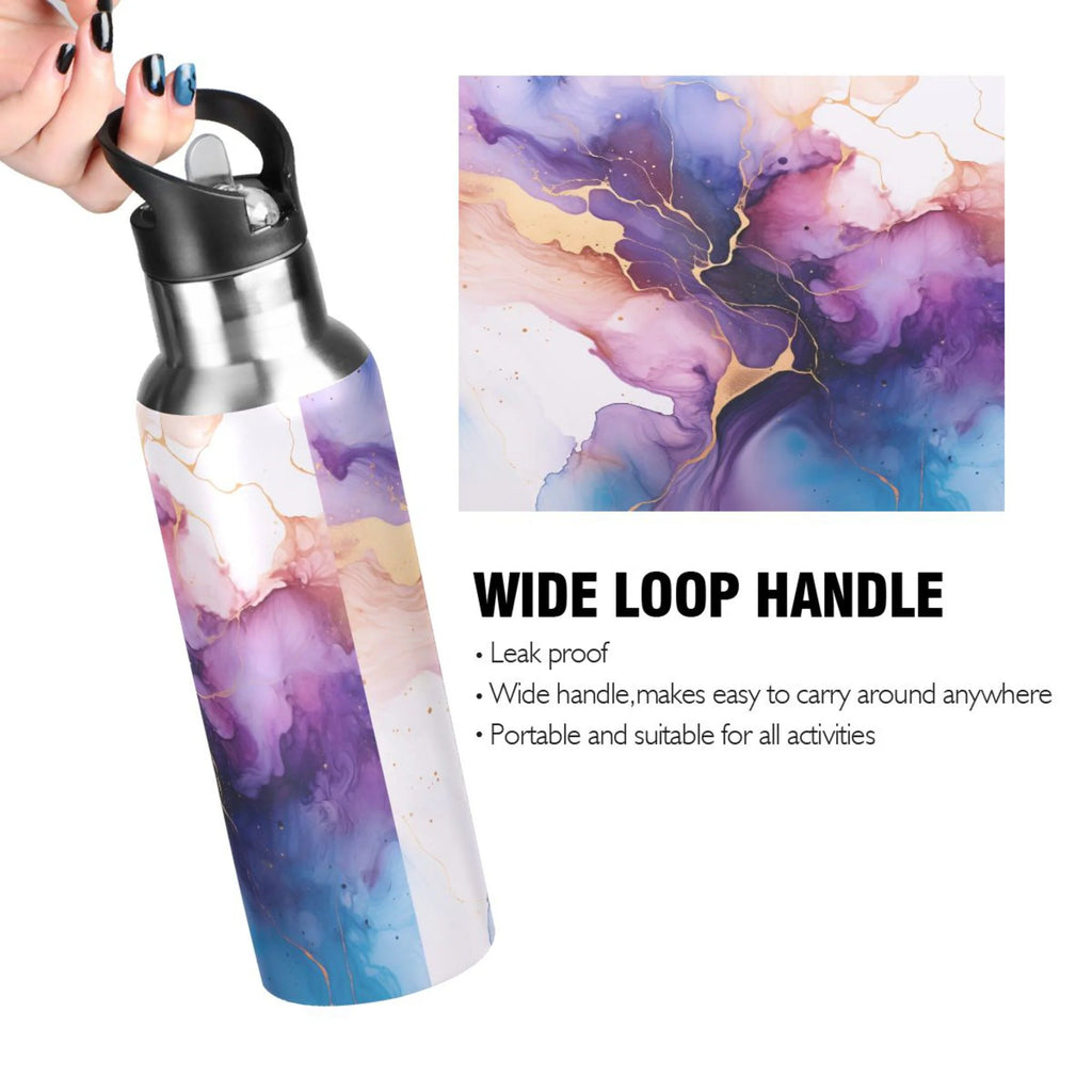 Purple and Blue Marble Stainless Steel Insulated Water Bottle with Straw Lid W88376