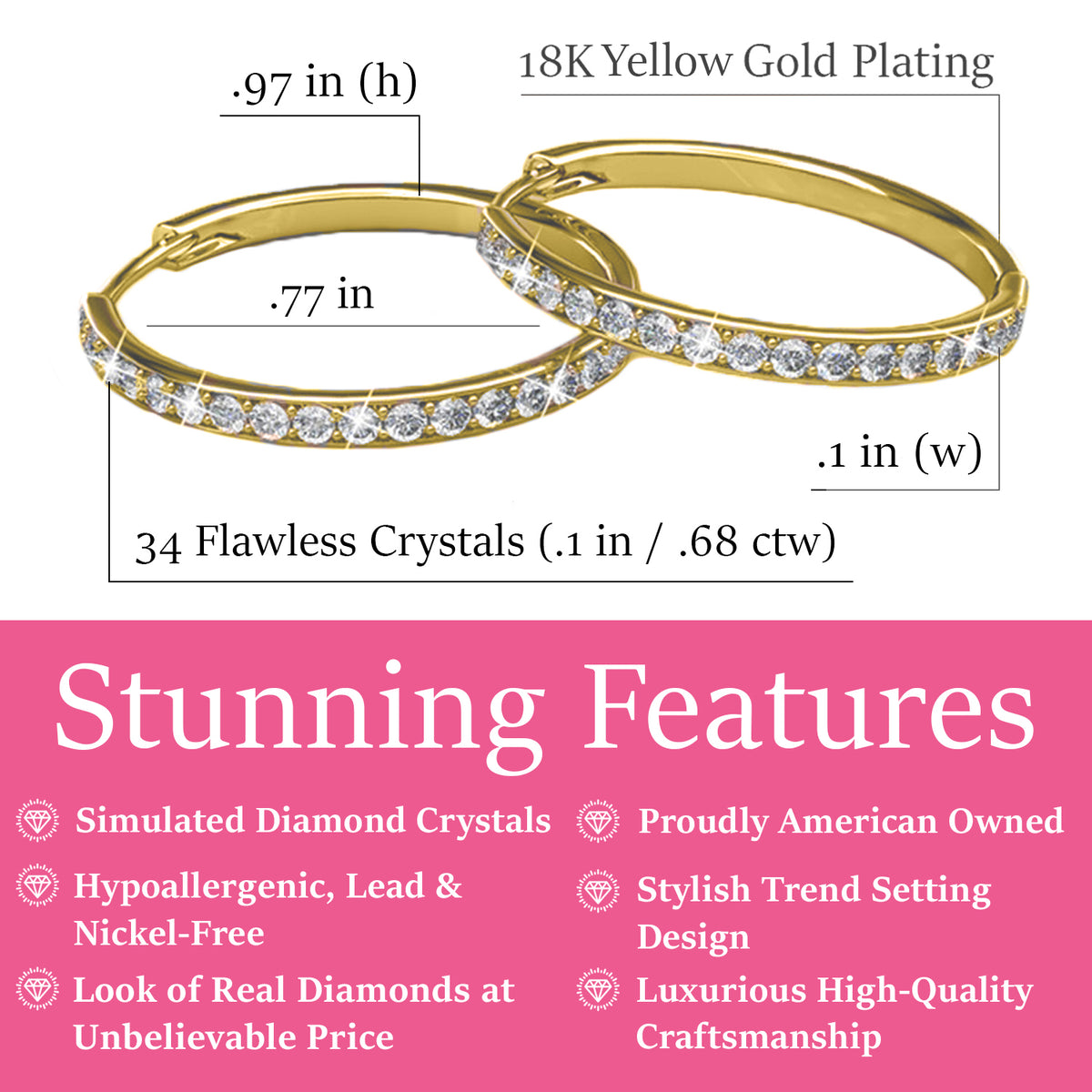 18k Yellow Gold Plated Crystal Hoop Earrings B721708