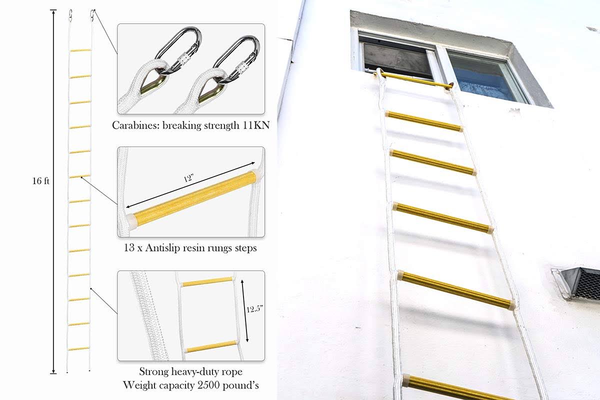 16 ft Flame Resistant Fire Escape Rope Ladder with Hooks Q22926