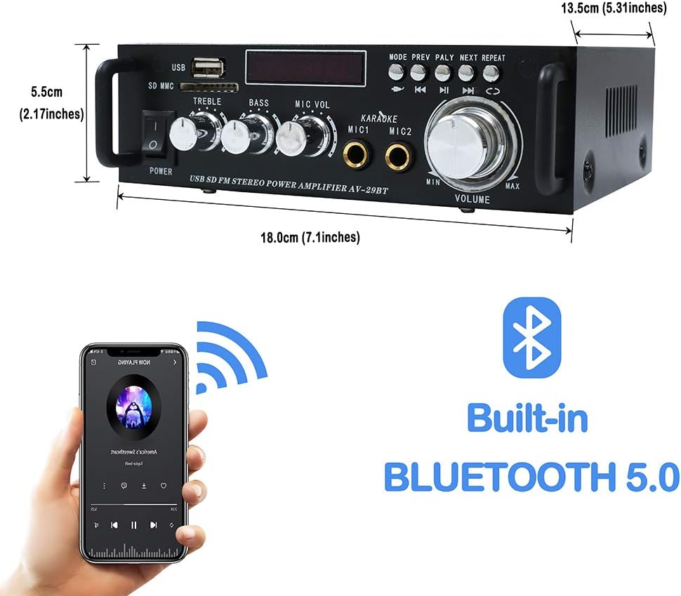 Bluetooth 5.0 Stereo Audio Amplifier Receiver with USB, SD Card, FM Radio, Remote Control M2801