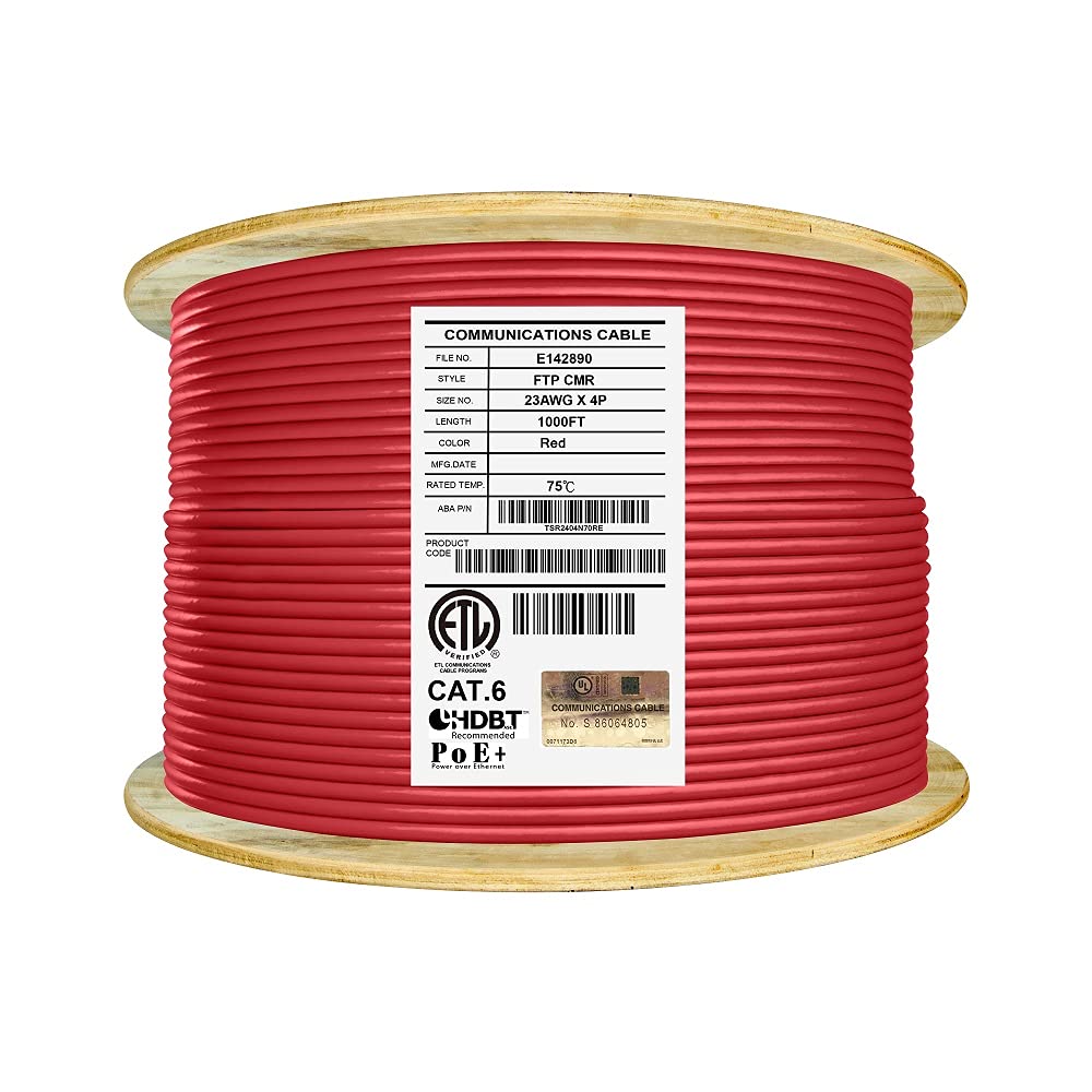 Cat6 Shielded Riser 1000ft F/UTP 23AWG Solid Bare Copper Bulk Ethernet Cable Reel Yellow I514