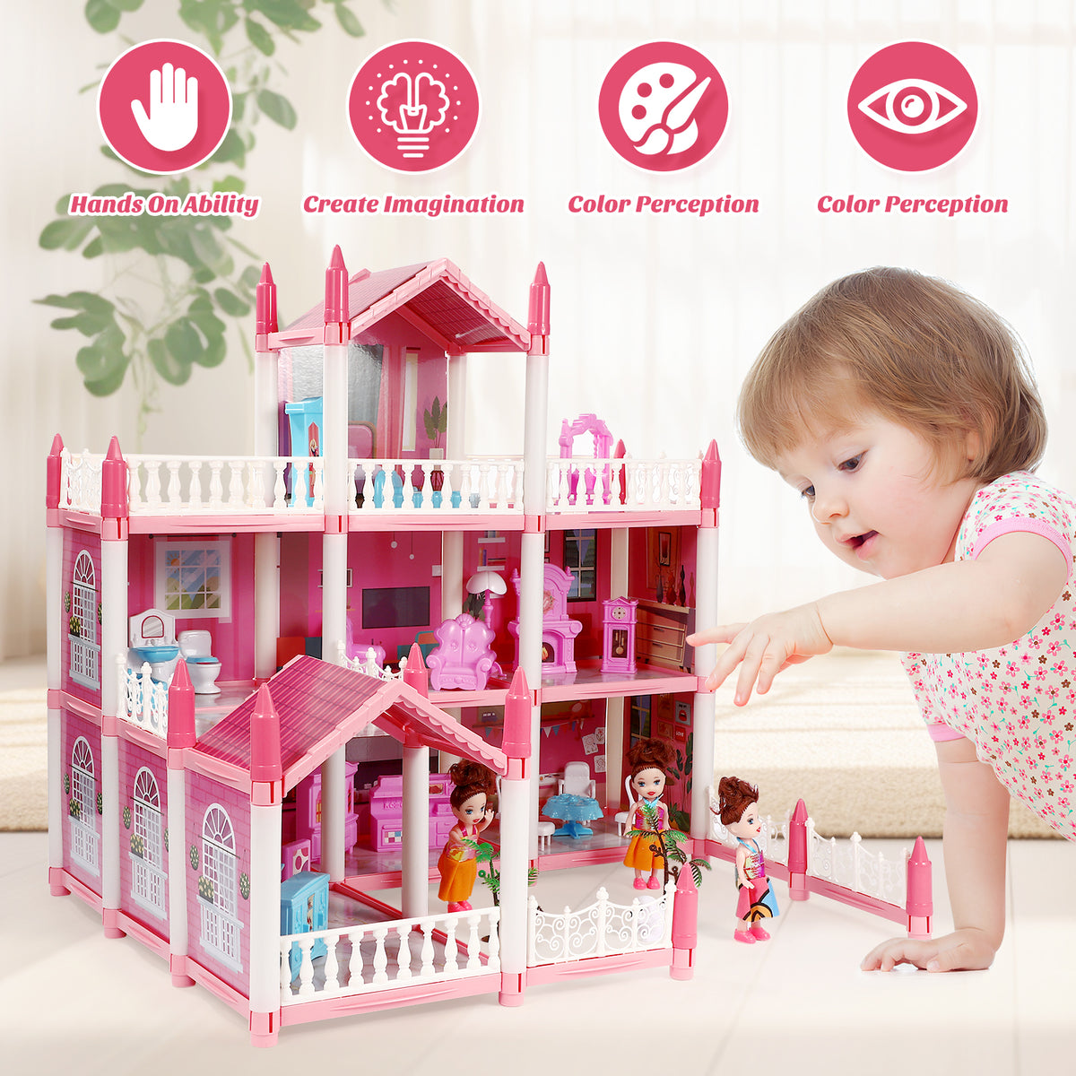 3 Stories 9 Rooms Doll House with Furniture Accessories I50021