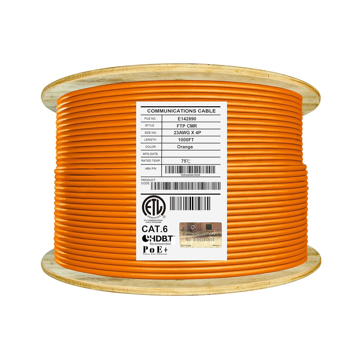 Cat6 Shielded Riser 1000ft F/UTP 23AWG Solid Bare Copper Bulk Ethernet Cable Reel Yellow I514